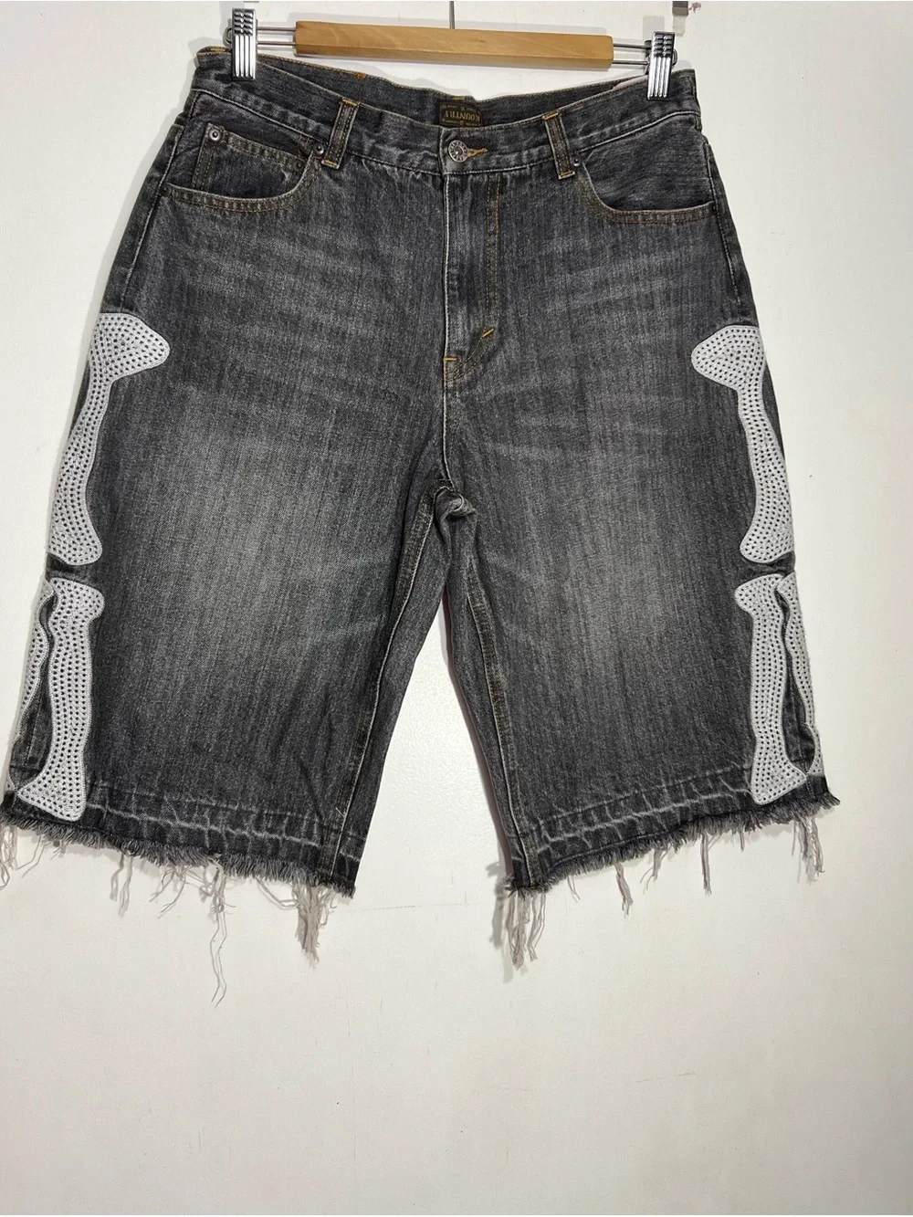 KAPITAL Men's Black Distressed Denim Shorts with White bone Detail size 34